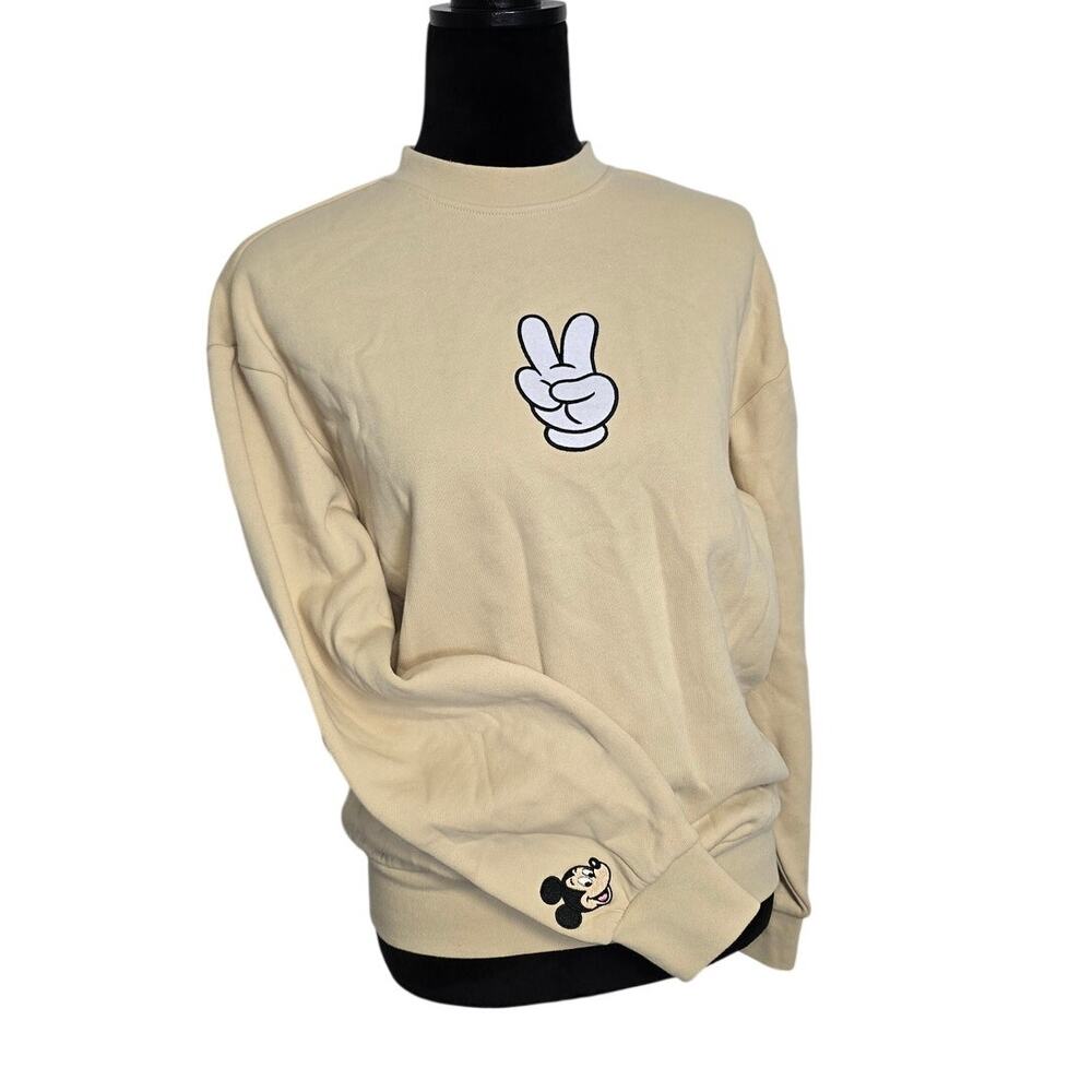Disney Mickey Mouse Peace Sign Embroidered Cream Sweatshirt XS NWT